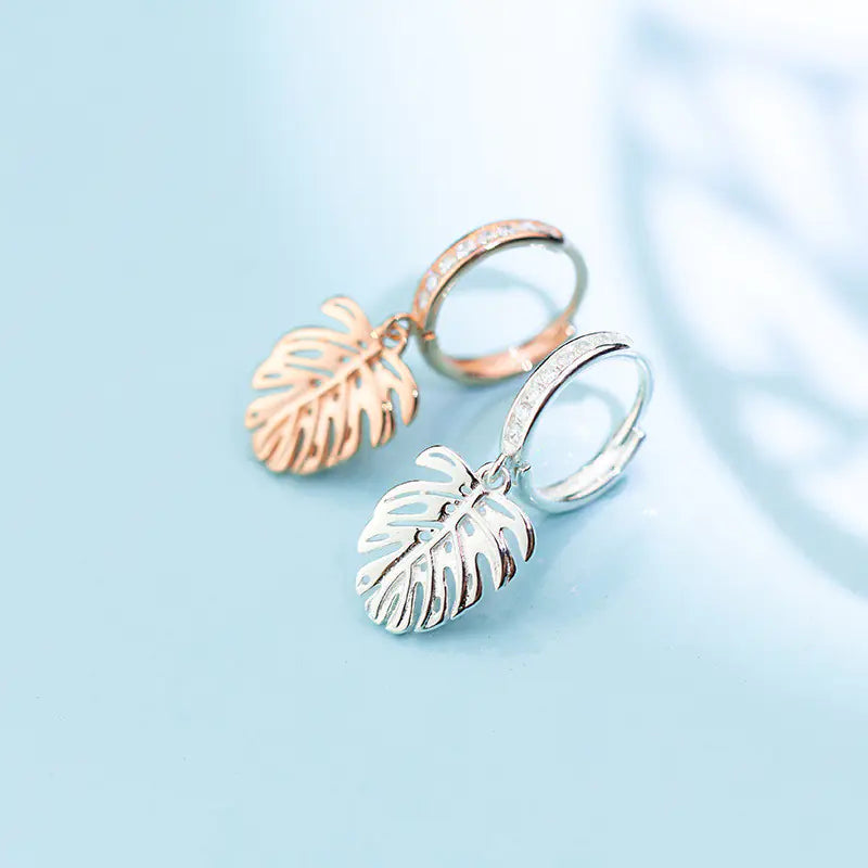 S925 Silver Leaf Earrings with Diamond Accents