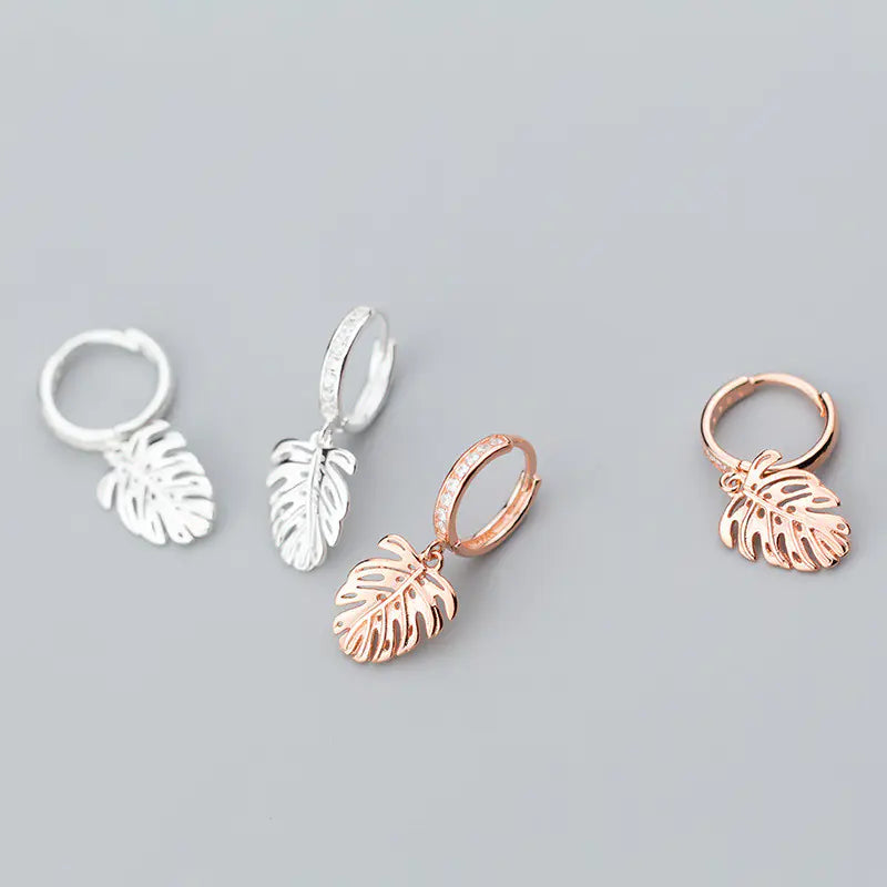 S925 Silver Leaf Earrings with Diamond Accents
