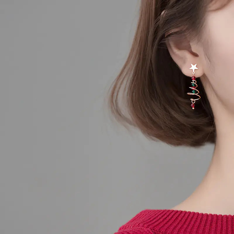 S925 Silver Rotating Christmas Tree Earrings for Women