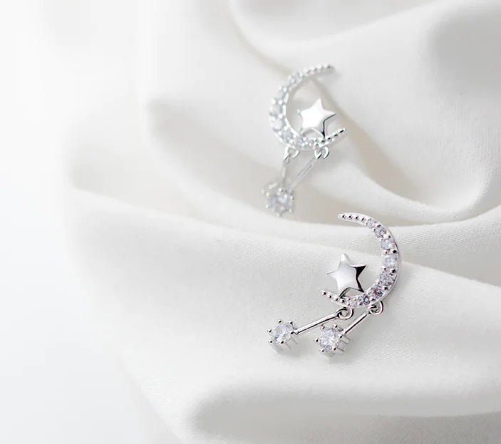 S925 Silver Star Moon Earrings with Diamond Accents