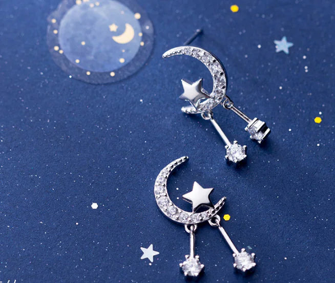 S925 Silver Star Moon Earrings with Diamond Accents
