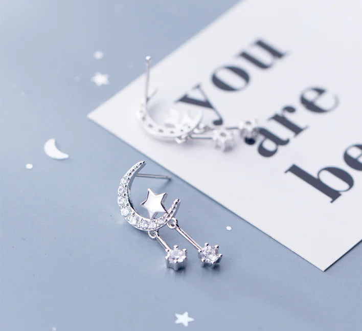 S925 Silver Star Moon Earrings with Diamond Accents