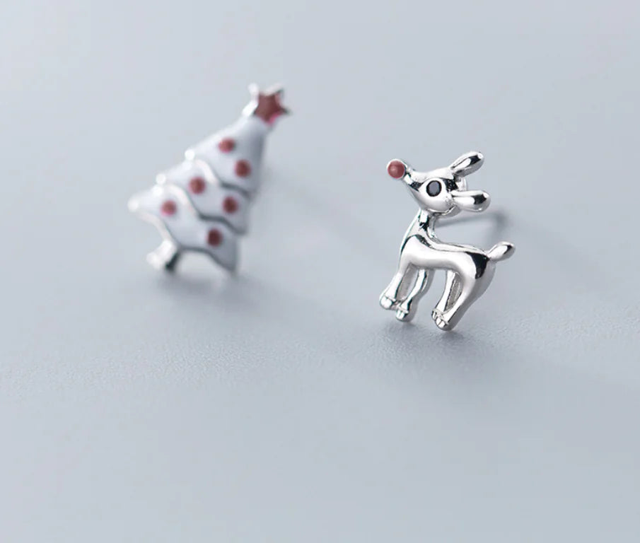 S925 Silver Cute Asymmetric Christmas Tree Earrings