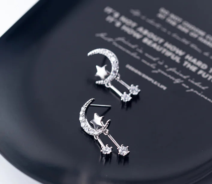 S925 Silver Star Moon Earrings with Diamond Accents