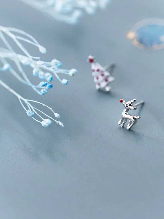 S925 Silver Cute Asymmetric Christmas Tree Earrings
