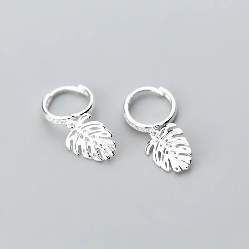 S925 Silver Leaf Earrings with Diamond Accents