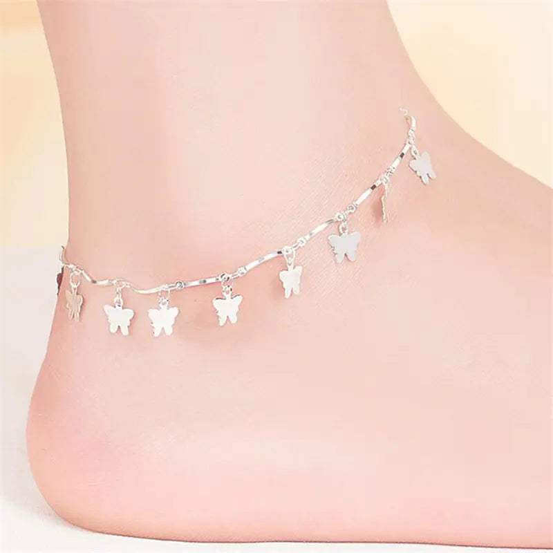 925 Sterling Silver Butterfly Ankle Bracelet for Women